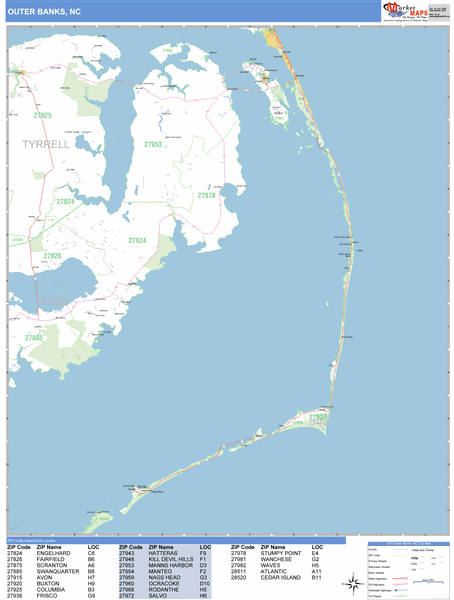 Outer Banks Zip Code Wall Map